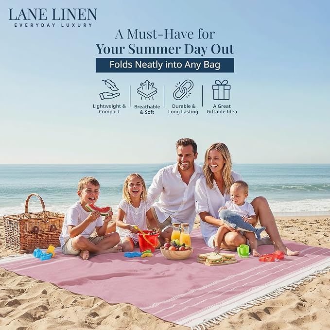 LANE LINEN Beach Vacation Essentials Blanket- Large Beach Blanket Sandproof with Quick Dry Comfort 82"x82", Perfect for Family Vacations, Park Outings, or Social Games – Candy Pink