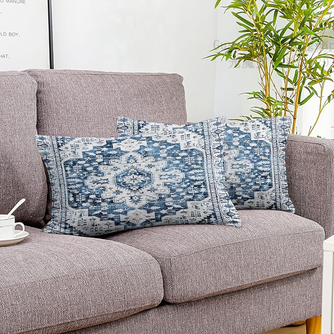 Boho Throw Pillow Covers 12x20 inch Set of 2,Soft Pillowcases Bohemia Carpet Printing Pattern Decorative Sofa Living Room Bed Rectangle Pillow Case Cushion Cover-Blue White