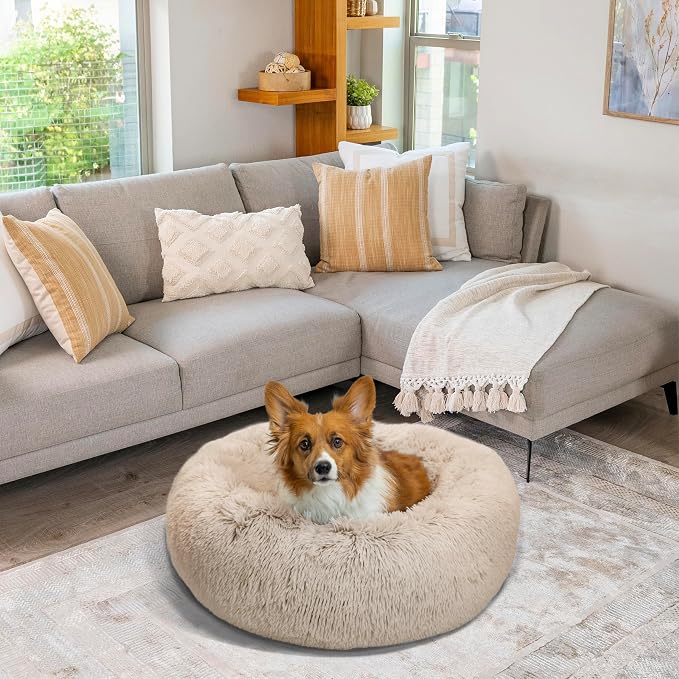 Best Friends by Sheri Original Calming Donut Dog Bed, Taupe, Medium, 30" | Machine-Washable Cover, Shag Faux Fur, Orthopedic Support, Sense of Security, Water-Resistant Base, Medium Dogs Up to 45 lbs