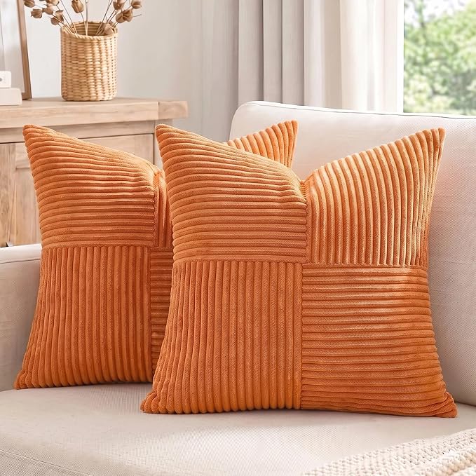 Fancy Homi 2 Packs Burnt Orange Samll Fall Decorative Throw Pillow Covers 12x12 Inch with for Couch Bed Sofa, Farmhouse Boho Home Decor, Soft Corss Patchwork Corduroy Square Cushion Case 30x30 cm