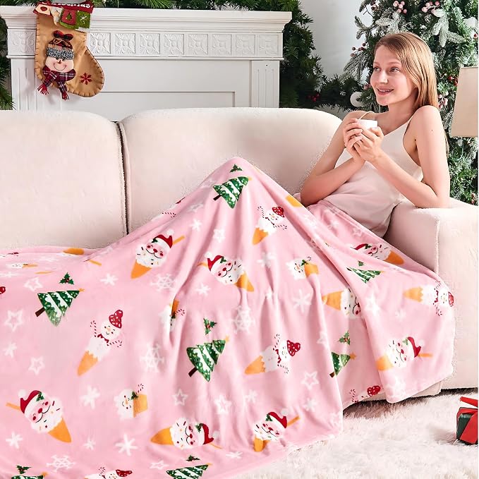 Edenleaf Christmas Blanket Soft Cozy Pink Throws with Snowman Snowflake Santa Claus and Xmas Trees Print, Fuzzy Warm Christmas Throw Blanket for Couch Bed Holiday Decorations Gifts 60"x80" (Pink)