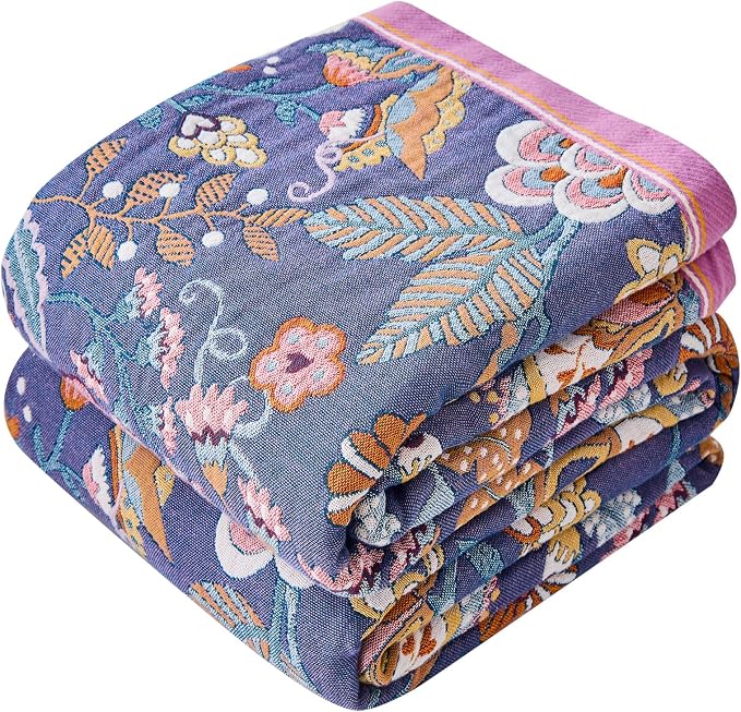 Boho Throw Blanket Farmhouse Decor Throw Blanket Bohemian Blanket for Bed 100% Cotton Muslin Woven Couch Blanket All Seasons Quilt Bedroom (H-Purple, 50"x60")