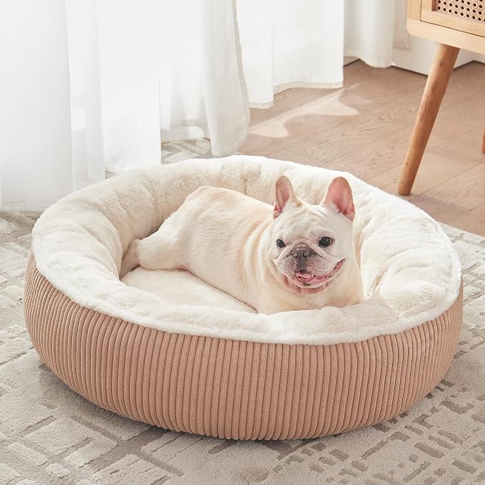 30 inches Calming Donut Dog Bed for Medium Dogs,Brown | Round Pet Bed with Removable&Washable Cover,Plush Faux Fur & Corduroy, Fits Pets up to 30 lbs