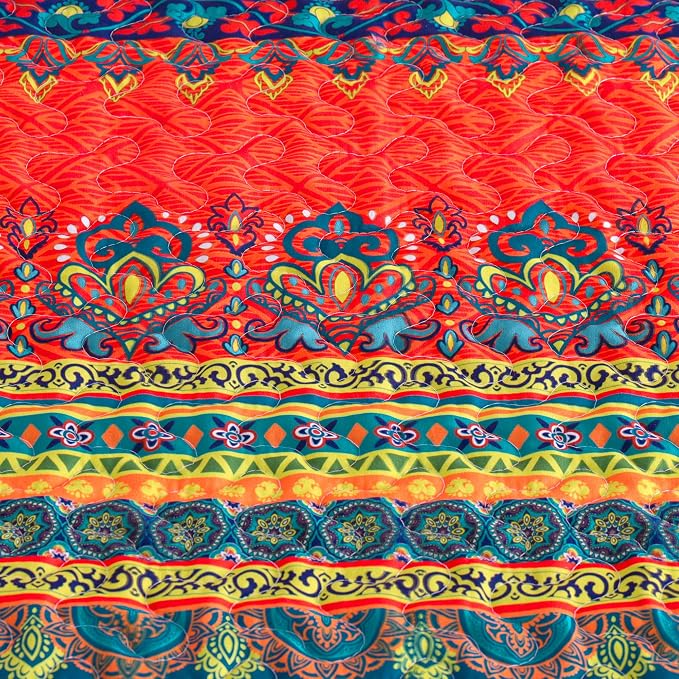 Exclusivo Mezcla Reversible Boho Quilted Throw Blanket, 50"x 60" | Lightweight Summer Quilt Throw, Designed for Bed/ Couch/ Sofa, Red and Teal Striped Pattern