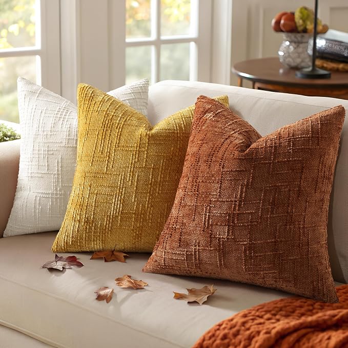 decorUhome Textured Chenille Throw Pillow Covers 18x18 Set of 2 Rust | Fall Modern Farmhouse Soft Cozy Slubby Couch Pillow Cases Boho Decorative Pillow Cases for Bed Sofa Living Room Home Decor