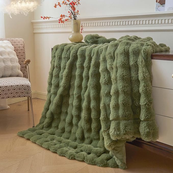 LIFEREVO Luxury Fluffy Faux Rabbit Fur Throw Blanket 60x80, Sage Green | Plush Fuzzy Bubble Lap Throw for Couch Sofa Office, Soft Moss Furry Bed Blanket Home Decoration, Washable & Skin-friendly