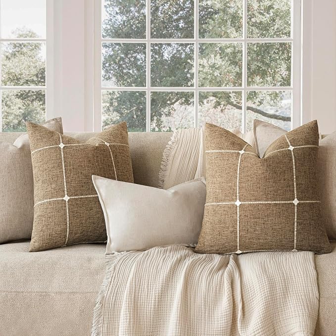 Foindtower Pack of 2 Decorative Faux Linen Jacquard Check Throw Pillow Covers Farmhouse Cushion Cover with Grid Textured Accent Pillowcase for Couch Sofa Living Room Home Decor,18×18 Inch,Tan Khaki