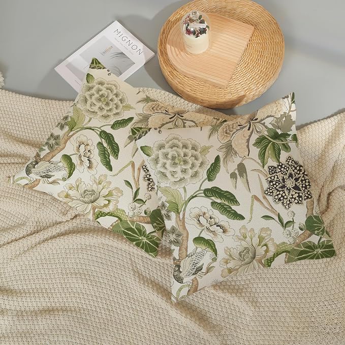 Green Pillow Covers 18x18 Inch Set of 2 Vintage Green Floral Throw Pillows Chinoiserie Flower Decorative Pillow Cases Outdoor Linen Farmhouse Cushion Covers for Couch Sofa Decorations