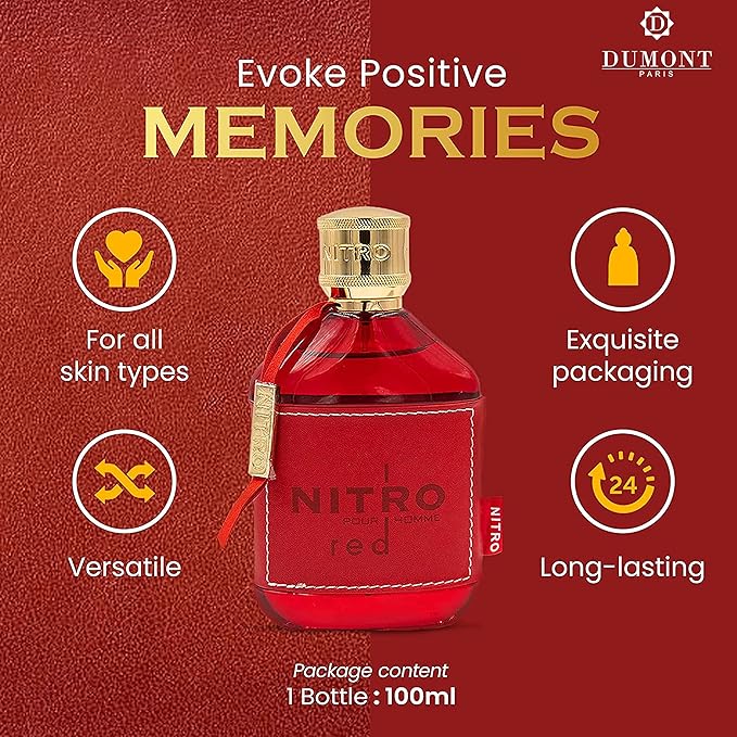 Dumont Nitro Red 3.4 Fl Oz Eau De Parfum for Men – Rich Fruity Woody Floral Fragrance – Luxurious Long Lasting Scent
