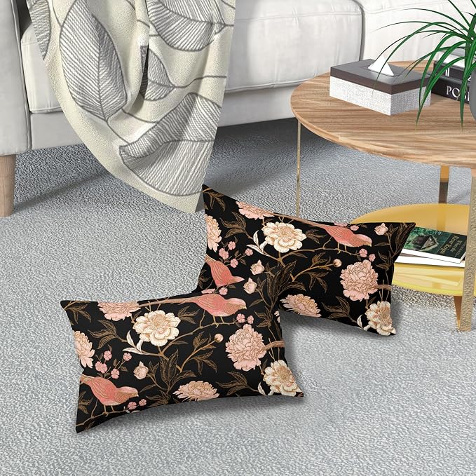 Pink White Roses Floral Lumbar Pillow Covers 12X20 Inch Set of 2 Retro Flowers Birds Gold Leaf Decorative Pillow Cases Art Vintage Black Cotton Linen Cushion Case Home Decor For Sofa Porch Outdoor