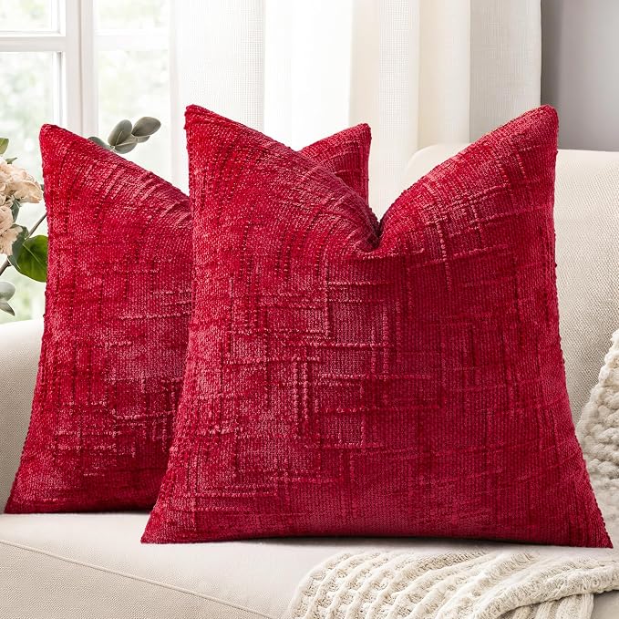 decorUhome Textured Chenille Throw Pillow Covers 20x20 Set of 2 Red | Fall Modern Farmhouse Soft Cozy Slubby Couch Pillow Cases Boho Decorative Pillow Cases for Bed Sofa Living Room Home Decor