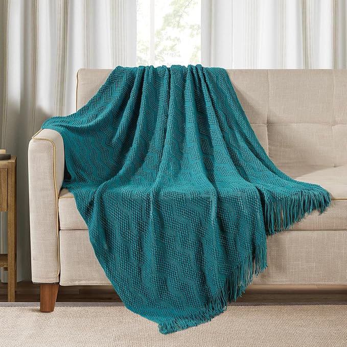 BOURINA Teal Throw Blanket 50x60 Inch Soft Ripple Throw Knitted Blanket | Soft Ripple Throw Textured Solid Soft Throws and Blankets for Sofa or Bed Knitted Decorative Blanket