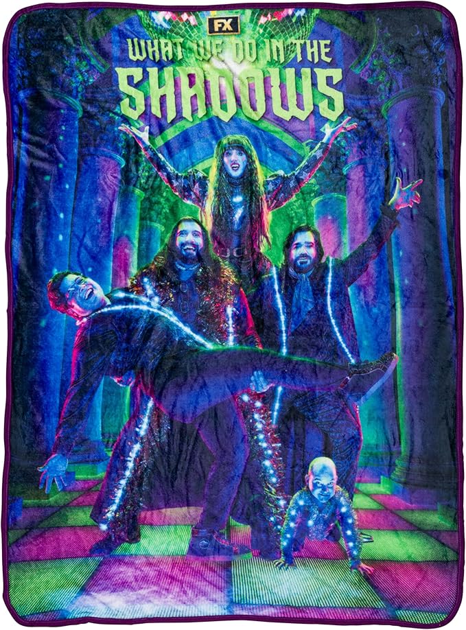 Silver Buffalo What We Do in the Shadows Disco Featuring Nadja, Guillermo de la Cruz, Nandor the Relentless, Laszlo Cravensworth, Colin Robinson 45" x 60" Fleece Throw, Soft and Cozy Blanket, 180 GSM