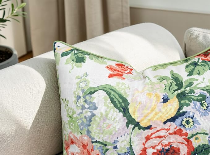 Vintage Rose Floral Print 20x20 Throw Pillow Cover | Coral and pink rose bouquet on off-white slub, green piping; both sides printed; hidden; cover only