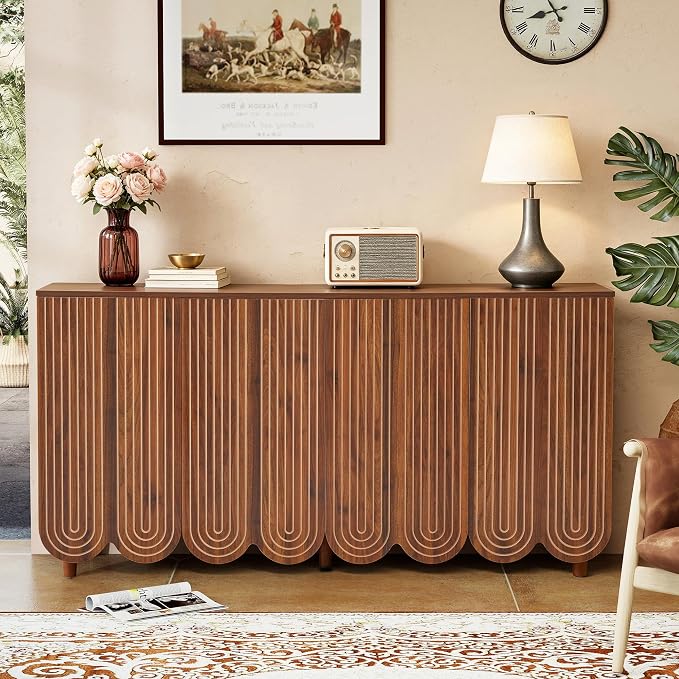 weselon 63" Buffet Cabinet with Scalloped Arched Doors, 4-Door Sideboard with Adjustable Shelves, Push-to-Open & Soft-Close Hinges, Solid Wood Legs Storage Cabinet for Coffee Bar TV Console (Walnut)