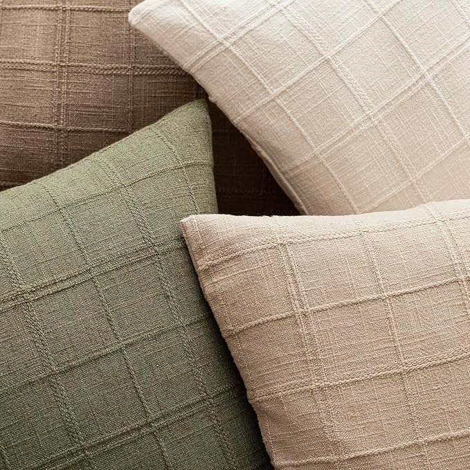 Foindtower Set of 2 Decorative Linen Check Throw Pillow Covers Neutral Farmhouse Vintage Cushion Covers Modern Boho Home Decor for Sofa Chair Couch Bedroom Living Room,20×20 Inch,Sage Green