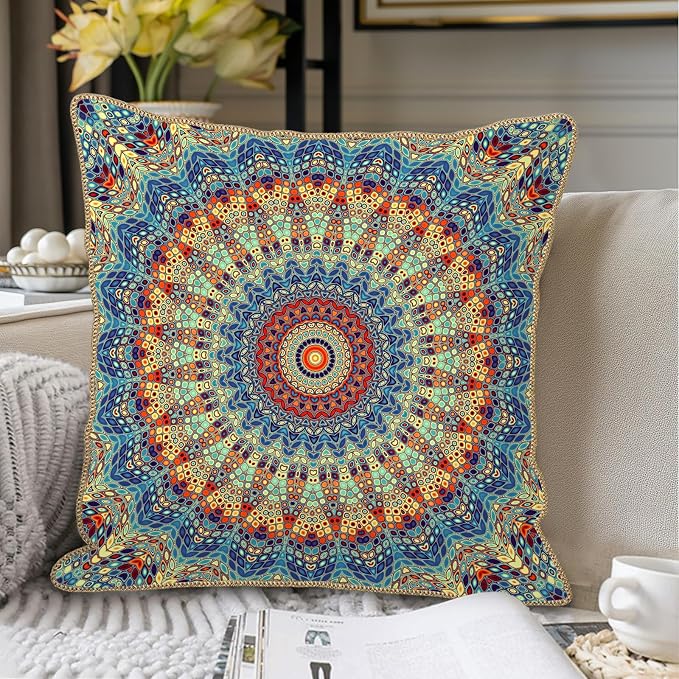 KSLIDS Boho Mandala Floral Soft Velvet Throw Pillow Covers Set of 2 Navy Blue Orange Flower Decorative Pillow Covers 20x20 Inch Abstract Retro Pillow Case for Sofa Couch Outdoor Modern Home Decor