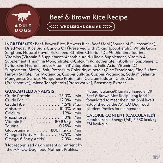 Natural Balance Limited Ingredient Dry Dog Food - Complete Nutrition for Adult Dogs - Wholesome Grains Brown Rice Recipe - Limited Ingredient Formula - 4 lb - Beef & Brown Rice