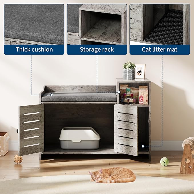 Cat Litter Box Enclosure Furniture, Large Hidden Litter Box Cabinet with Double Door, End Table Cat House with Storage Shelf, Modern Pet Furniture for Living Room, Grey