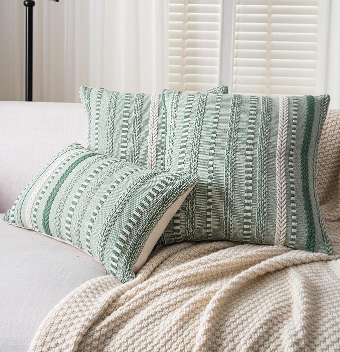 Cethom Boho Throw Pillow Covers 12x20 Inch Set of 2, Farmhouse Decorative Couch Pillow Cases, Light Green Accent Pillows of Bed, Sofa Bedroom Living Room Home Decor Cushion Cover