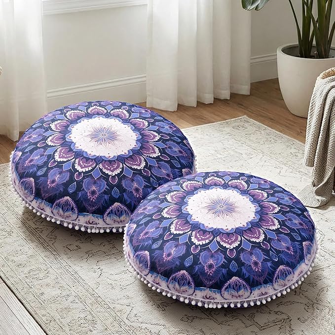 Meditation Cushion Set of 2, Round Floor Pillow Seating for Adults, Bohemian Mandala Yoga Cushion, 32" Extra Thick Memory Foam Removable Washable Cover, Ideal Gift Holiday Decor, Purple