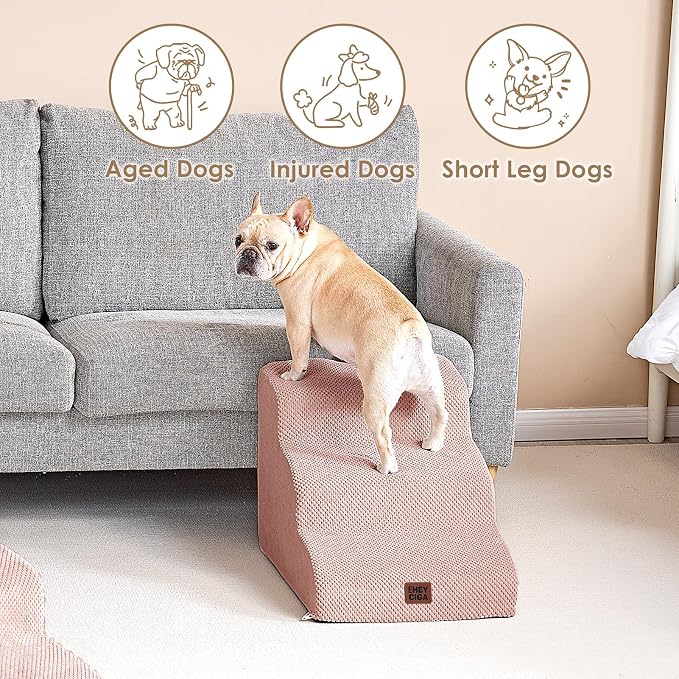 EHEYCIGA Curved Dog Stairs Ramp, 3-Step Dog Steps, 15.7" H Pet Step | 33D density of pure foam, for Small Dogs and Cats, Pet Stairs for High Bed Climbing, Non-Slip Balanced Indoor, Dusty Pink