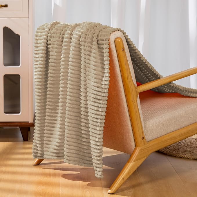 Vessia Flannel Fleece Throw Blanket for Couch,Sofa,Bed, 300GSM Striped Camel Blanket Throw for Adults and Kids, Super Soft Warm Cozy Lightweight Ribbed Light Brown Blanket for All-Season