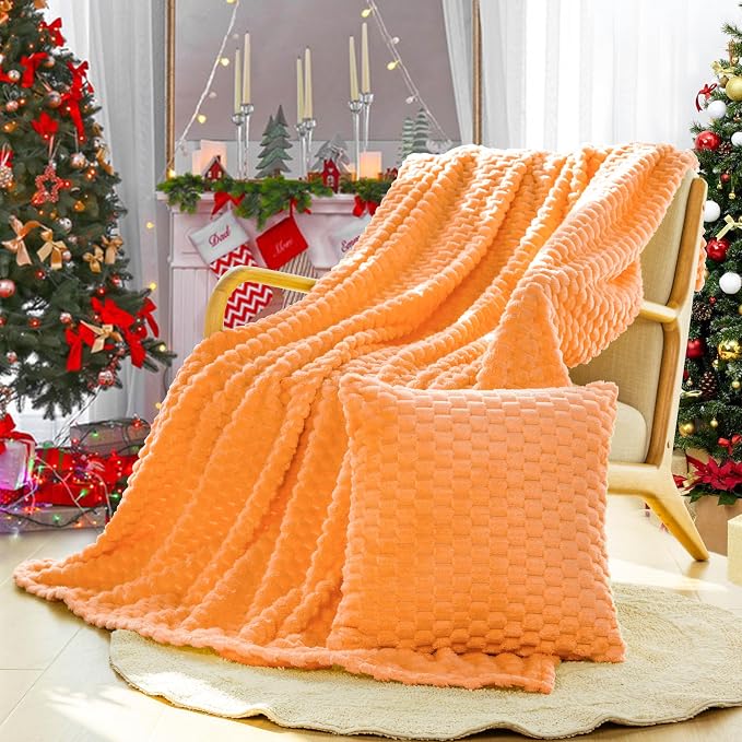 Bnuitland Flannel Throw Blanket, 300 GSM Fleece Cozy Warm Soft Home Decor Lightweight Bed Sofa Blanket for Adults, Suitable for All Seasons(Light Orange,50X71 inches with Pillow Cover)