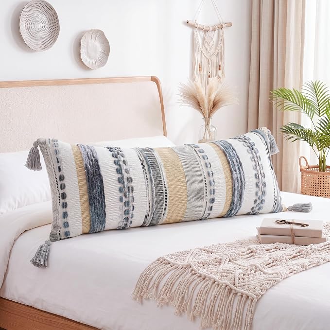 PANOD Boho Long Lumbar Throw Pillow Cover 14 x 36 Grey, Chenille Morocan Extra Long Pillow Case Cover, Decorative Long Pillow for Bed Couch Sofa Farmhouse