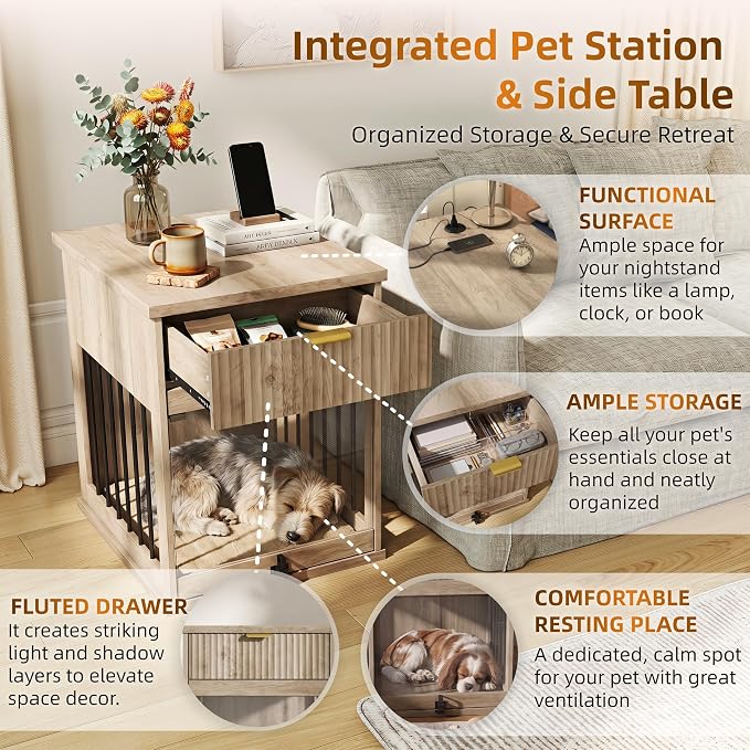 Dog Crate Furniture End Table for Small Dogs with Charging Station (Grey)