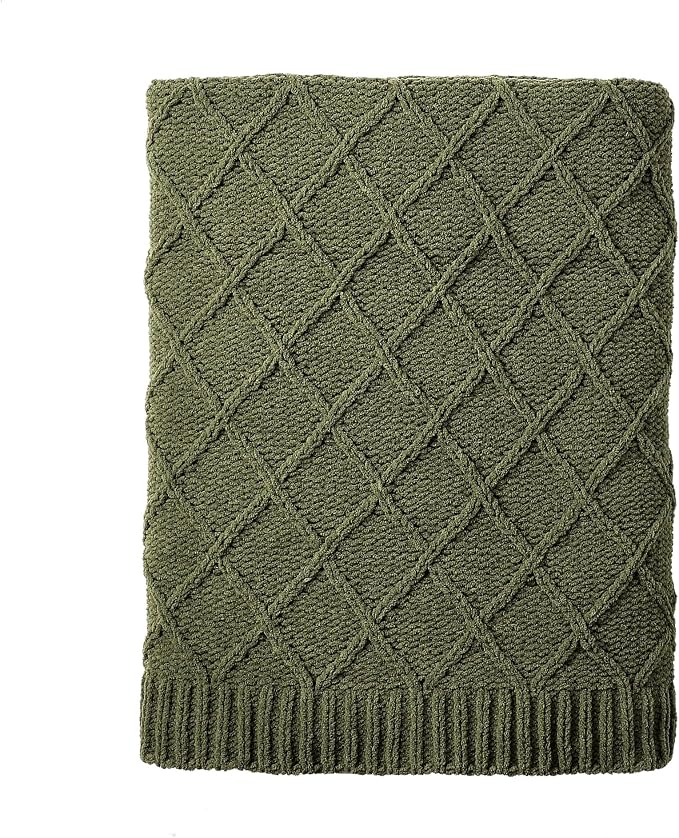 CREVENT Farmhouse Boho Knitted Throw Blanket for Couch Sofa Chair Bed Home Decoration, Soft Warm Cozy Light Weight for Spring Summer Fall (50''X60'' Chenille Green)