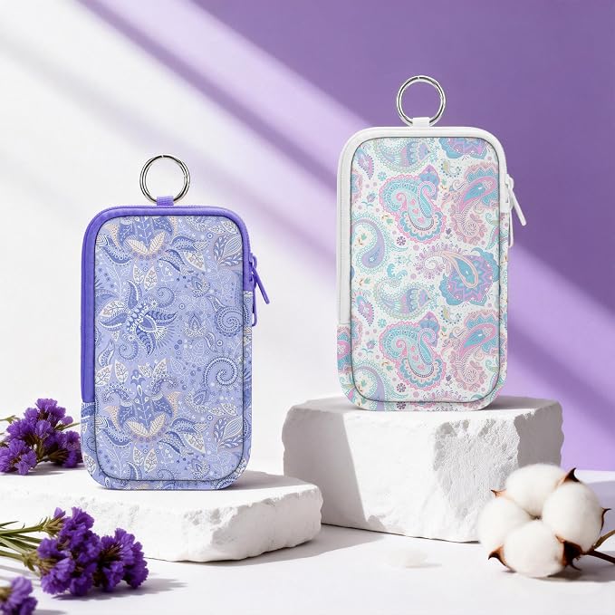 KJQJLY 2 Pack Portable Tampon Organizer Bag Tampon Holder & Storage Case with Zipper for Travel, Discreet Period Bag for Purse, Waterproof Feminine Products Pouch for Women (Paisley)