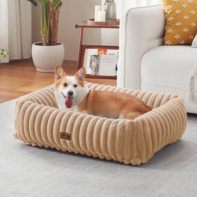 Dog Bed Medium Size Dog, Rectangle Orthopedic Pet Bed for Car and Indoor, Comfort Fluffy Memory Foam Dog Beds with Anti-Slip Bottom, Camel (30x24x8 inches)