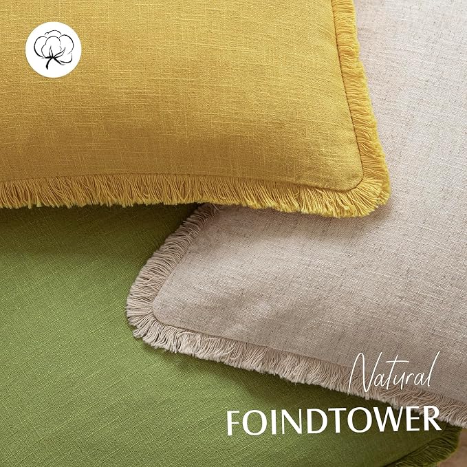 Foindtower Set of 2 Decorative Linen Fringe Throw Pillow Covers Cozy Boho Farmhouse Cushion Cover with Tassels Soft Accent Pillowcase for Couch Sofa Bed Living Room Home Decor,18×18 Inch,Ginger Yellow
