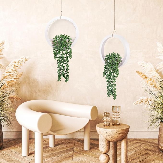 Der Rose 2 Pack 15" Artificial Hanging Plants in White Pots for Wall Decor | Realistic cascading pearls, hanging ropes, shelf display for bathroom bedroom living room boho wall decor，fresh all year
