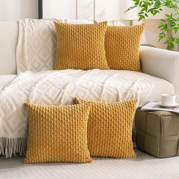 Set of 4 Mustard Yellow Decorative Throw Pillow Covers 20x20 Inch Corduroy Pillow Covers for Bed Couch Sofa Living Room Soft Square Cushion Cases