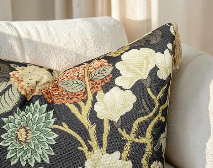 Chinoiserie Peony Floral 20x20 Throw Pillow Cover, Charcoal | Cream and rust peony floral on charcoal slub, tan tassel corners; both sides printed; hi; cover only