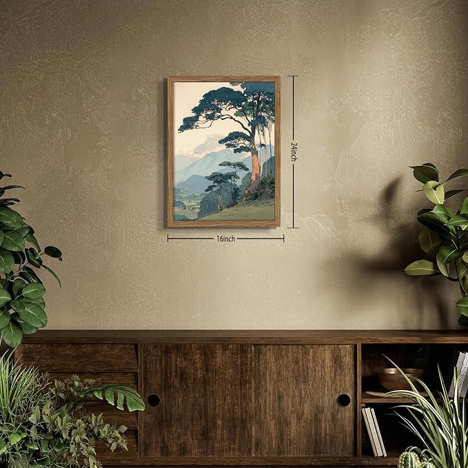 Vintage Japanese Forest Framed Canvas Wall Art – Tranquil Mountain Landscape Painting Print, Retro Nature Tree Scene Decor for Living Room Bedroom Nursery Office Home 16x24 inch