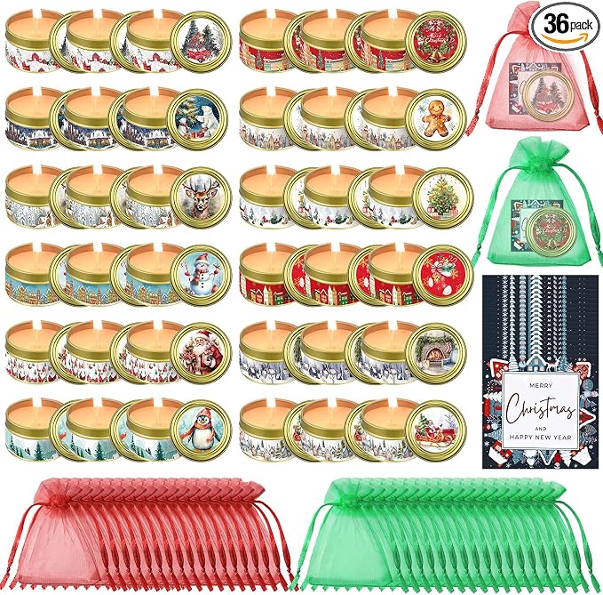 MTLEE 36 Sets Christmas Candles Bulk Holiday Small Scented Candles Party Favors with Organza Bag and Cards Bulk Candle Gifts for Home Supplies Holiday Travel(Romantic)