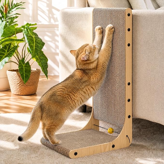 FUKUMARU Cat Scratcher 2 Packs, 25 Inch Cat Scratching Boards, L Shaped Pad | Cardboard Cat Scratcher for Indoor Cats, Vertical Scartch Pads with Ball Toy, Kitten Scratching Post Wall, Wood Color