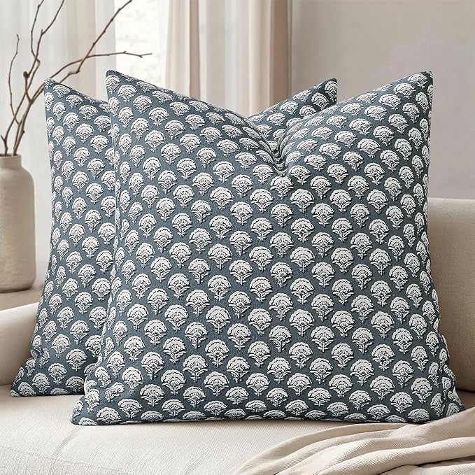 MIULEE Floral Print Decorative Euro Pillow Covers 22x22, Dusty Blue | Vintage Boho Farmhouse Modern Home Decor, Set of 2, Block Print Cushion Covers for Couch Sofa Bed Living Room