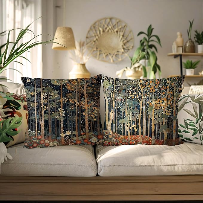 451 Rustic William Morris Style Fall Forest Pillow Covers 22x22 | Fall Autumn Home Room Decor, Vintage Botanical Nature Decorative Throw Pillow Covers for Home Bedroom Living Room Set of 2