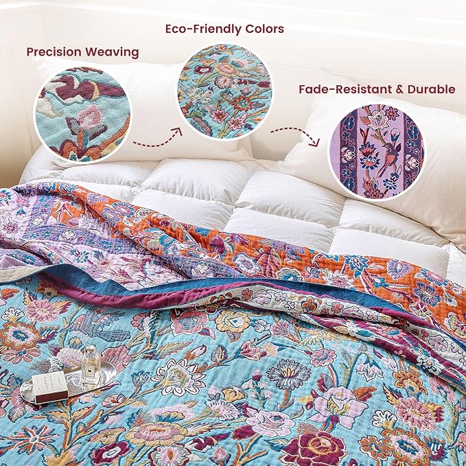 MSGKV Boho Throw Blanket 60"x80" Summer Cotton Birds Floral Blanket for Bed | 100 Cotton Muslin, Bird & Floral Throw Blanket, Reversible Weave, Soft & Breathable, Nature Inspired Design, Machine Washable