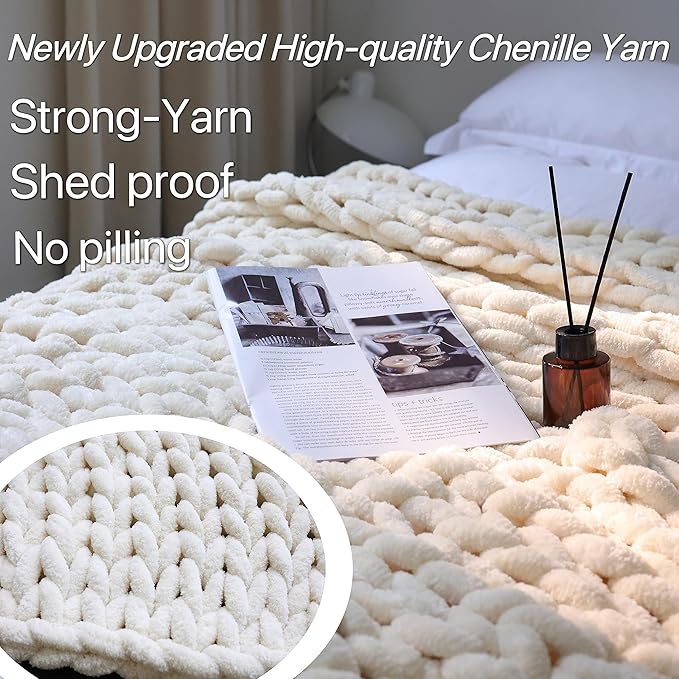 Maetoow Chenille Chunky Knit Blanket,Handmade Cozy for Home Decor,60×80,Cream