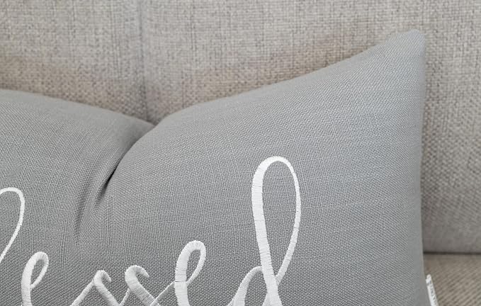 EURASIA DECOR Blessed Embroidered Lumbar Pillow Cover 12x20, Light Grey | Raised ivory script on light grey; scripture faith gift, cotton, hidden zip, solid back, cover only
