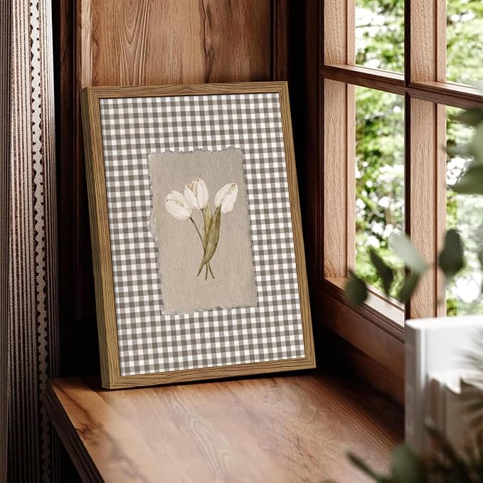 Vintage White Tulips Framed Canvas Wall Art – Brown Gingham Botanical Painting Print, Rustic Farmhouse Floral Picture for Living Room Bedroom Nursery Office Home Decor 12x16 inch