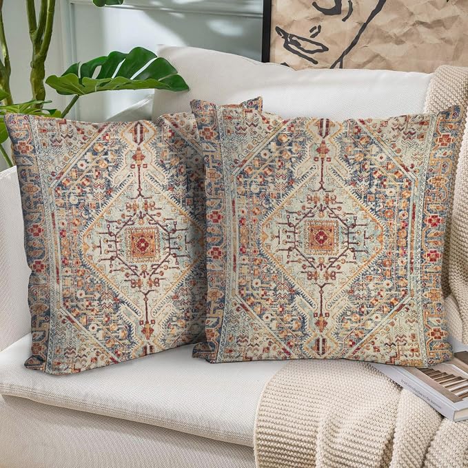 Boho Throw Pillow Covers 20x20 inch Set of 2,Bohemian Vintage Carpet Pattern Antique Ethnic Decor Double Sided Pattern Cushion Cover Soft Pillow Case Living Sofa Room Bed Square Pillow Cover