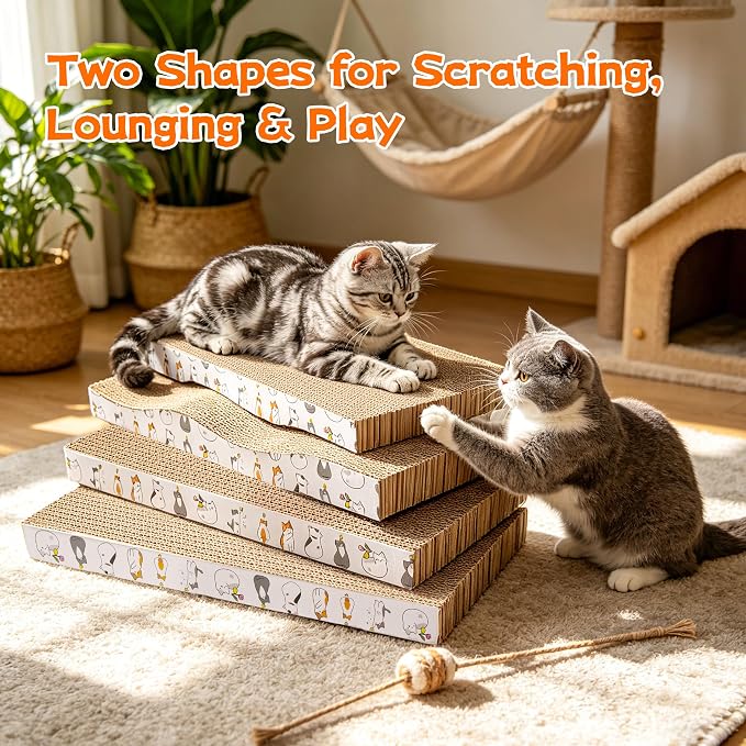 PatiencET Cat Scratcher Cardboard Pads, 4-Pack Mixed Flat and Wavy | Flat and Curved Profiles, Four-Piece Variety, Stretching and Lounging, Catnips Included