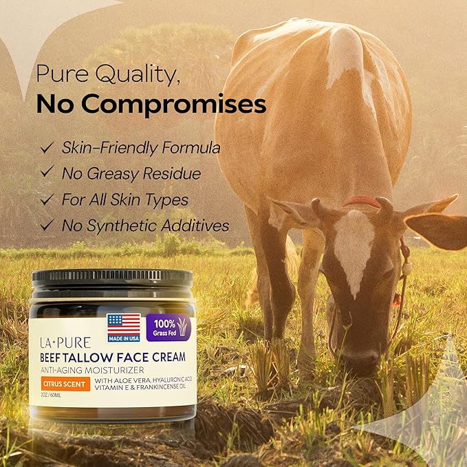 LA PURE Beef Tallow for Skin, Grass-Fed Tallow Face Cream with Aloe Vera, Hyaluronic Acid, Frankincense & Vitamin E to Hydrate, Firm, and Smooth Skin, Non-Greasy Moisturizer, Citrus Scent, 2 oz