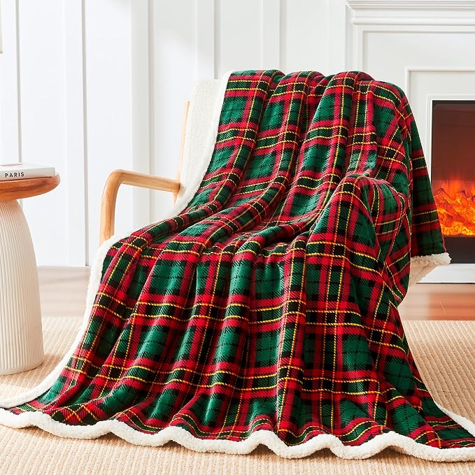 Sherpa Plaid Throw Blanket, 60" X 70"Fuzzy Fluffy Cozy Soft Blanket, Fleece Flannel Plush Twin Size Microfiber Blanket for Couch Bed Sofa, Red & Green